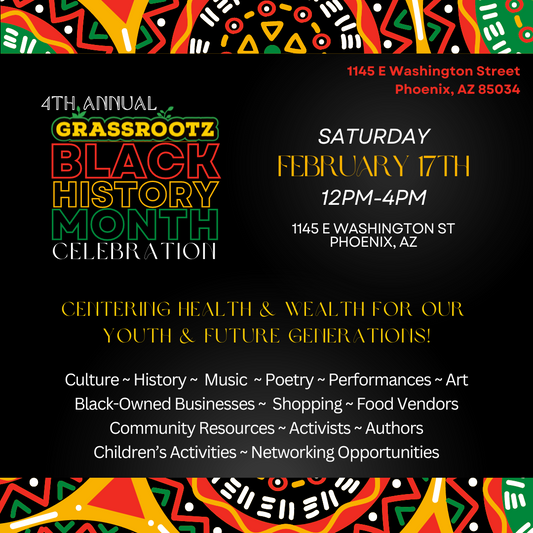 Colorful event poster for the 4th Annual Grassrootz Black History Month Celebration highlighting community activities and Boss Ambitionz’s participation.
