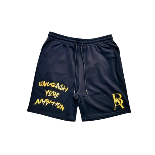 Front view of men's black and gold embroidered sweat shorts