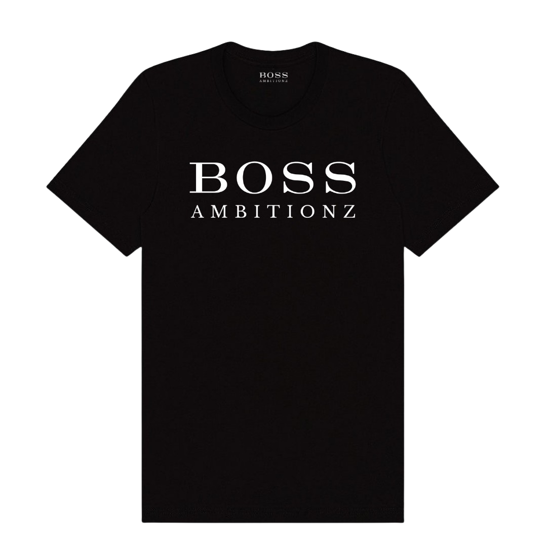 Black BOSS Ambitionz t-shirt, featuring bold white lettering for a stylish streetwear look.