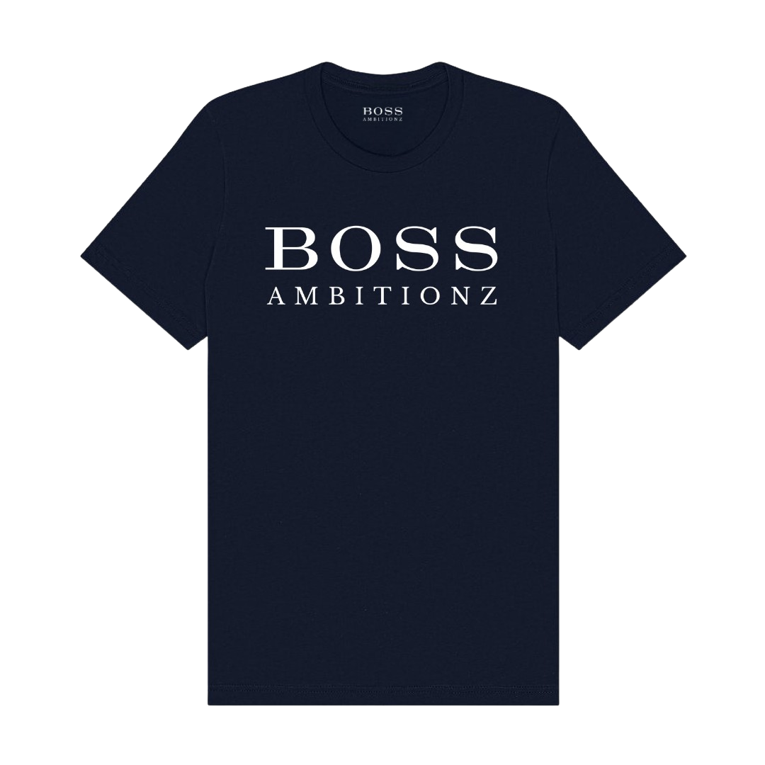 Dark navy t-shirt featuring 'BOSS AMBITIONZ' logo in white, showcasing stylish streetwear design.