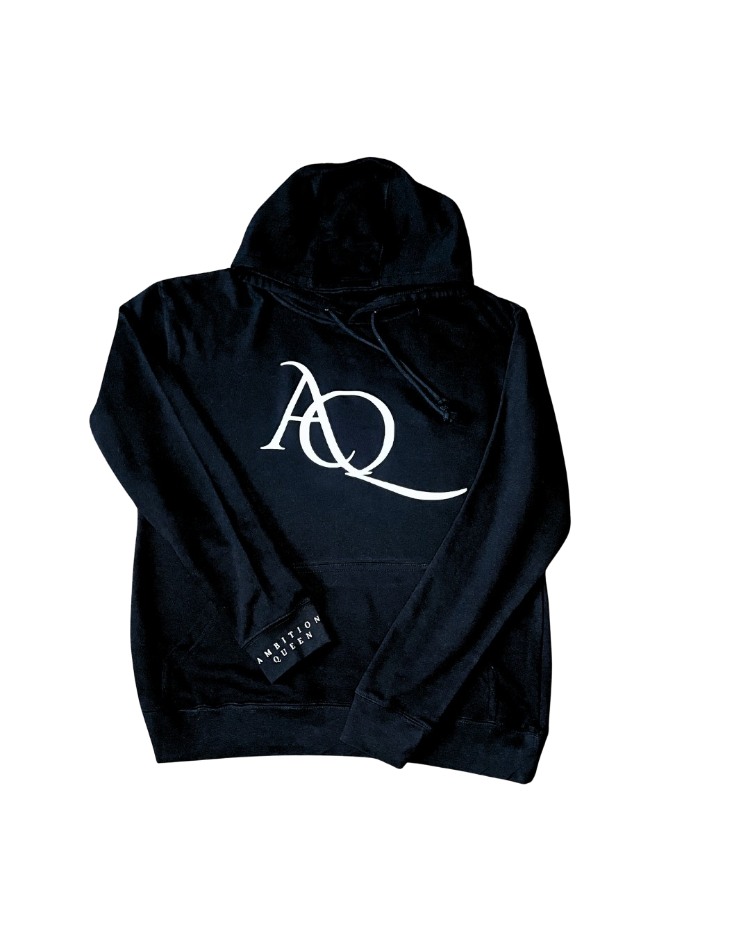 Black ambitionz queen hoodie with a white logo on a white background