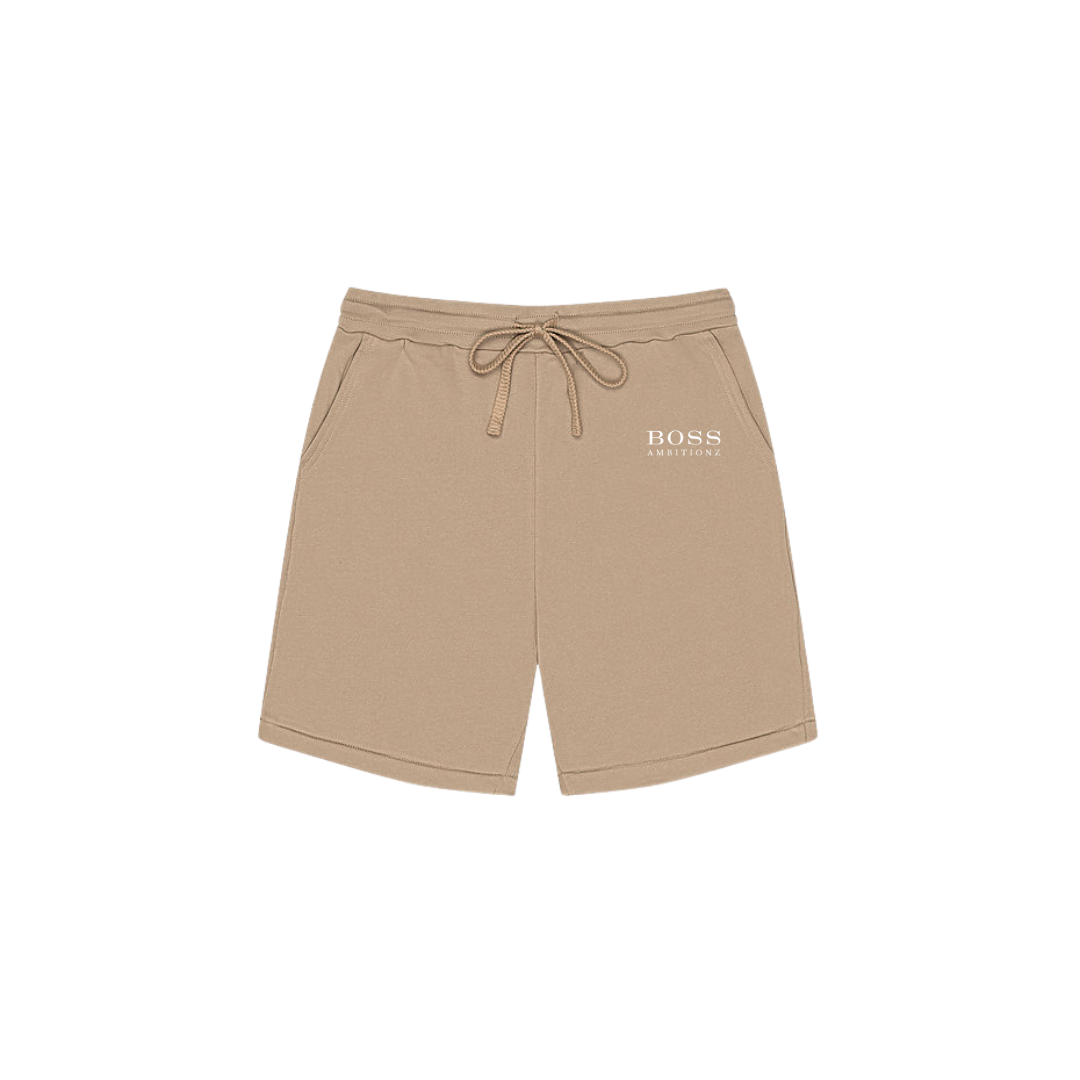 Tan shorts from the Cool Down Complete Set featuring Boss Ambitionz logo and drawstring waistband.
