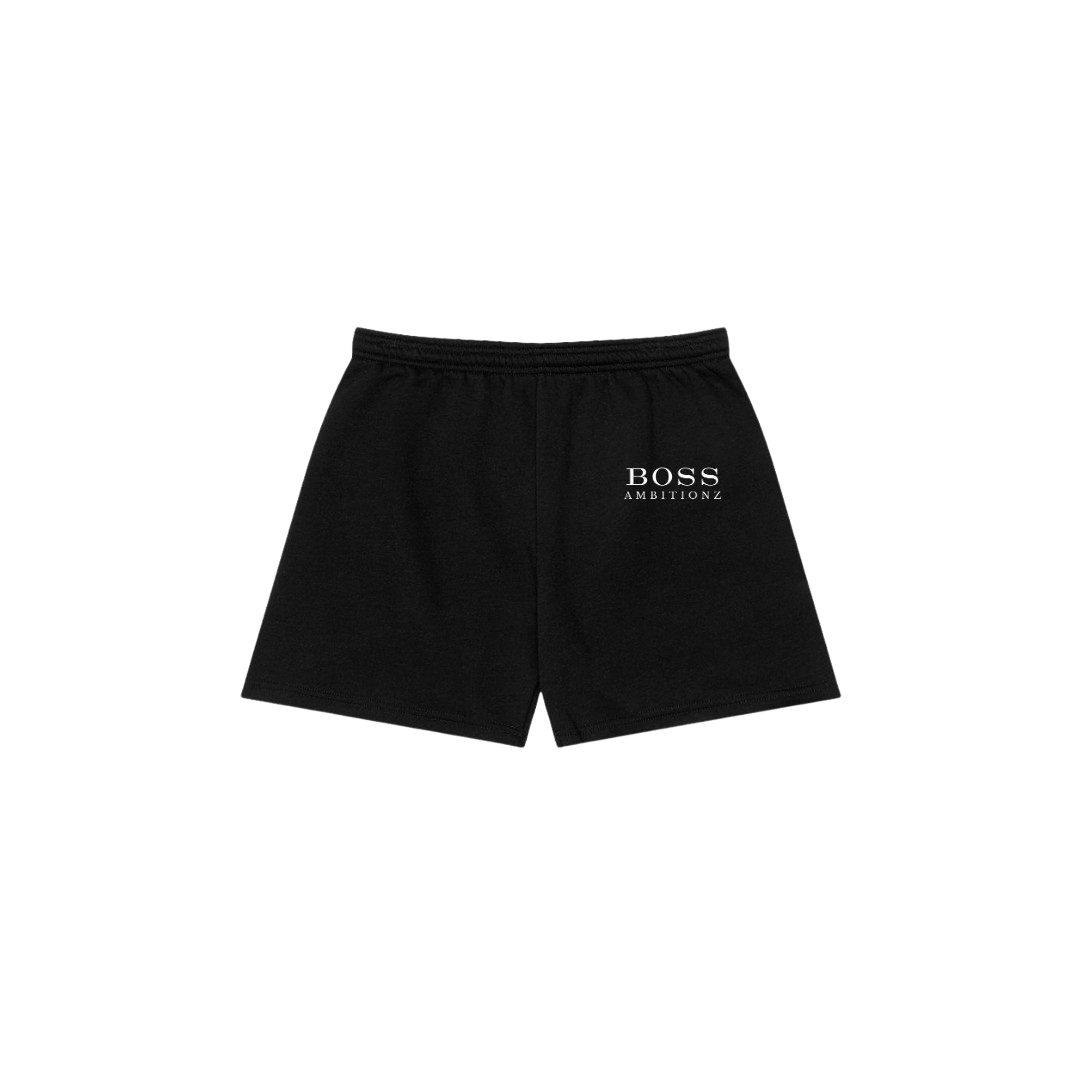 Black shorts with 'BOSS AMBITIONS' text on a white background