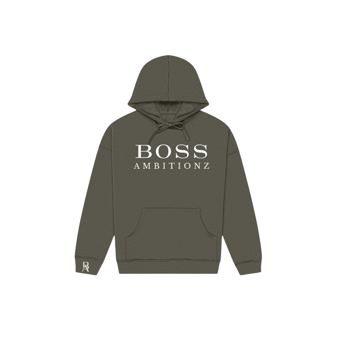 Olive Green hoodie with 'BOSS AMBITIONZ' text on a white background