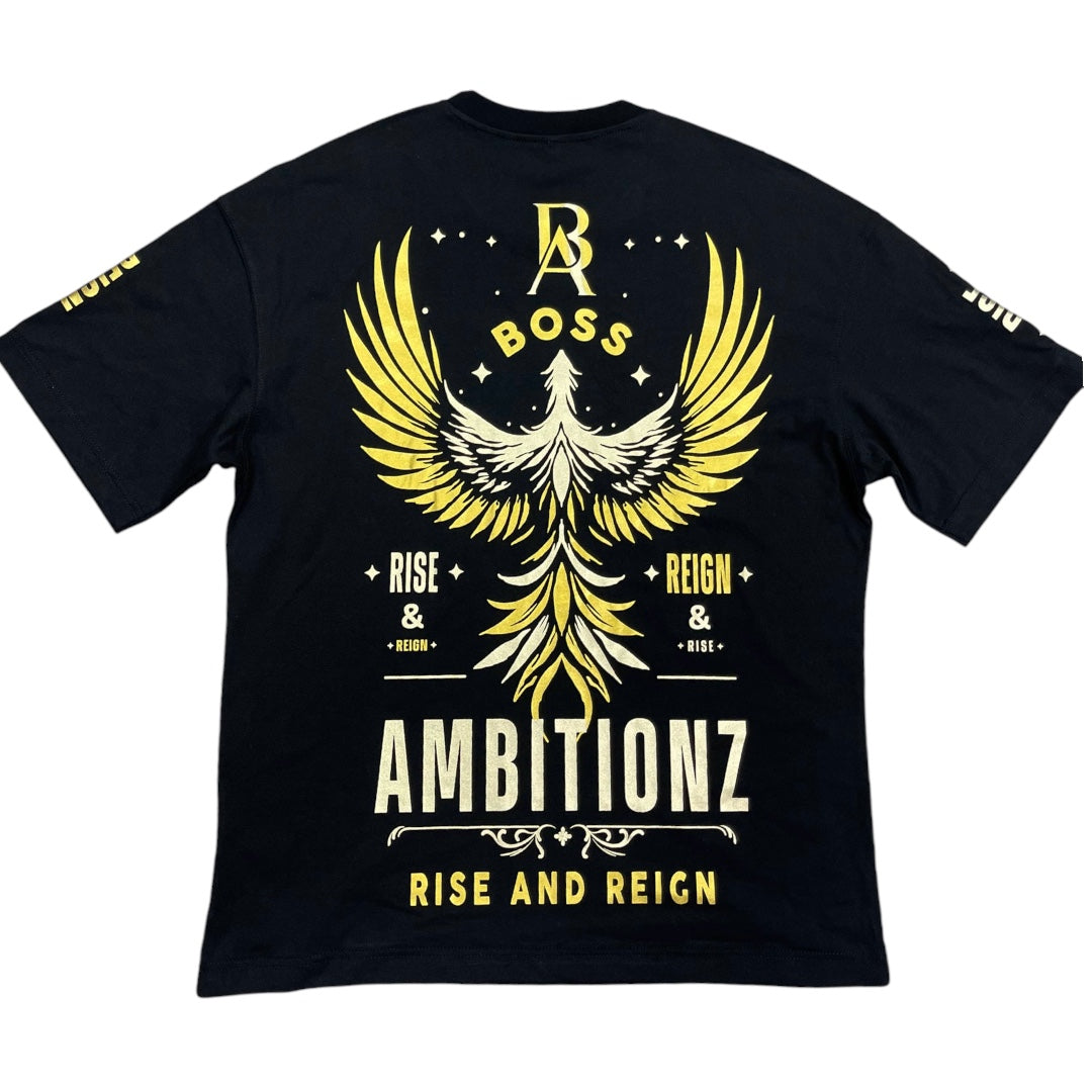 Back view of Boss Ambitionz men's black T-shirt with a striking golden phoenix illustration and 'RISE & REIGN' text, representing resilience and triumph.