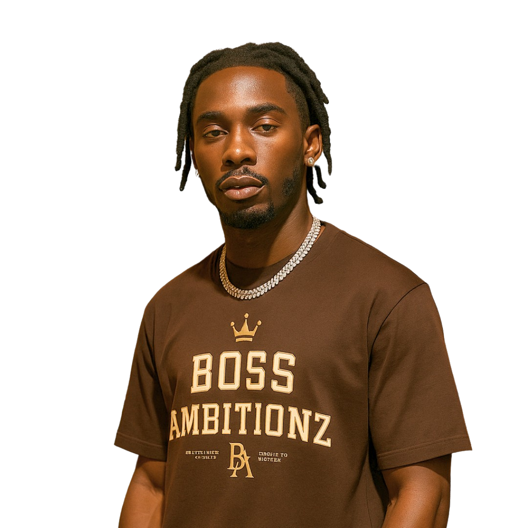 Man wearing a brown 'BOSS AMBITIONZ' t-shirt on a white background