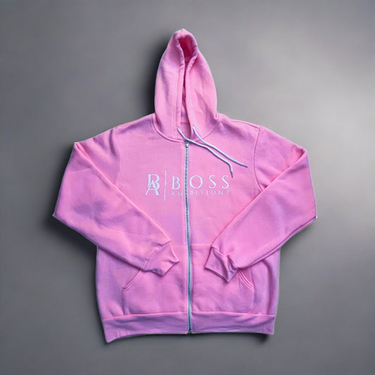 Soft pink Ambition Blush hoodie with 'BOSS AMBITIONZ' logo on the front and 'NO limits NO boundaries' text on the back