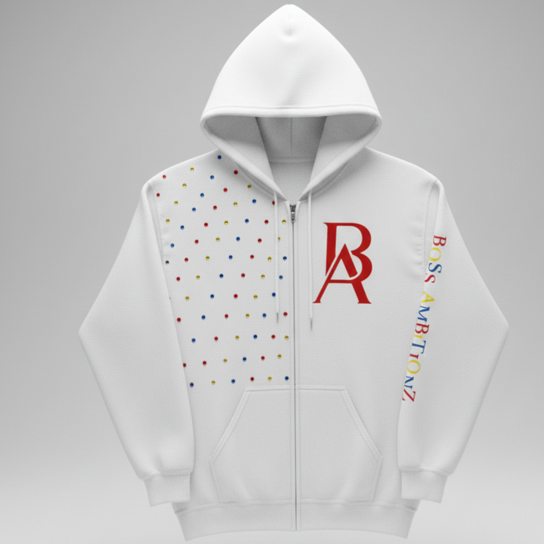 Flatlay front view of the white rustic rhinestone zipup hoodie 