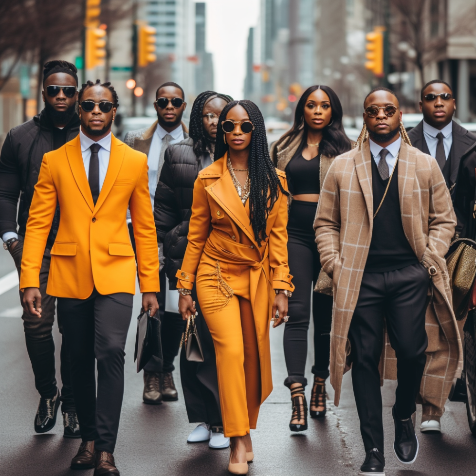 A group of diverse black individuals walking proudly down the street