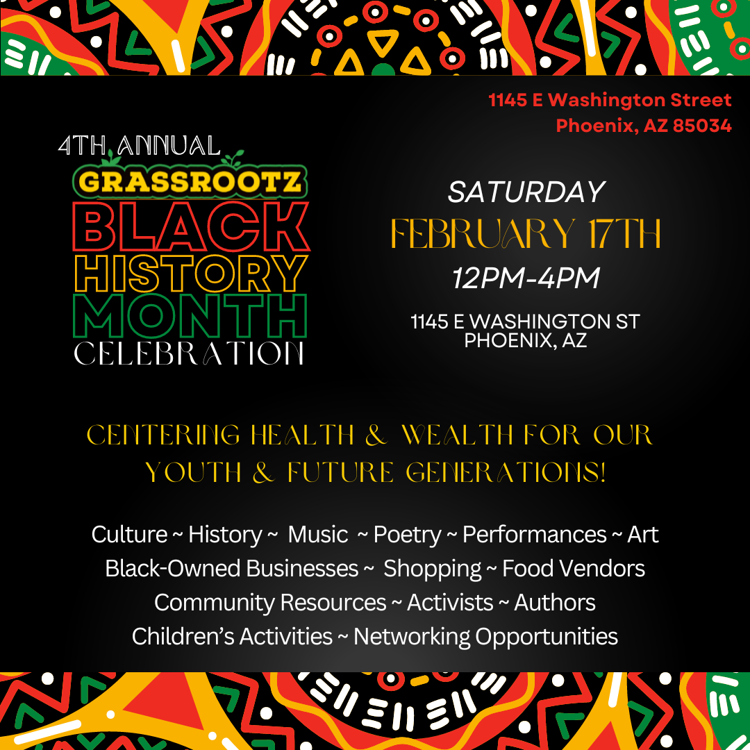 Colorful event poster for the 4th Annual Grassrootz Black History Month Celebration highlighting community activities and Boss Ambitionz’s participation.