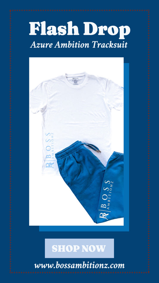 Promotional banner for Flash Drop featuring the Azure Ambition Tracksuit by Boss Ambitionz with a white t-shirt and blue joggers, accompanied by a 'Shop Now' button