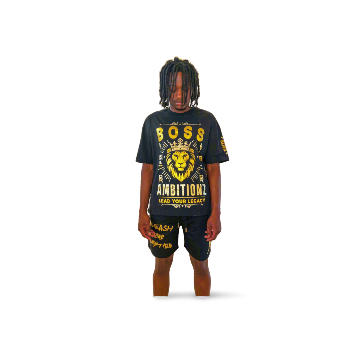 Front view of model wearing Boss Ambitionz outfit: "Model wearing a black Boss Ambitionz t-shirt with a bold lion design and 'Lead Your Legacy' slogan, paired with matching shorts featuring gold text detailing