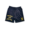 Front view of men's black and gold embroidered sweat shorts