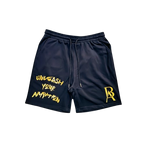 Front view of men's black and gold embroidered sweat shorts