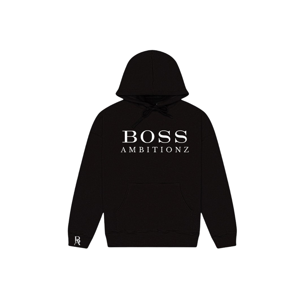 Black BOSS Ambitionz hoodie with stylish logo, premium fleece interior, perfect for streetwear and casual wear.