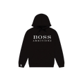 Black BOSS Ambitionz hoodie with stylish logo, premium fleece interior, perfect for streetwear and casual wear.