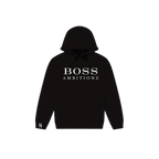 Black BOSS Ambitionz hoodie with stylish logo, premium fleece interior, perfect for streetwear and casual wear.