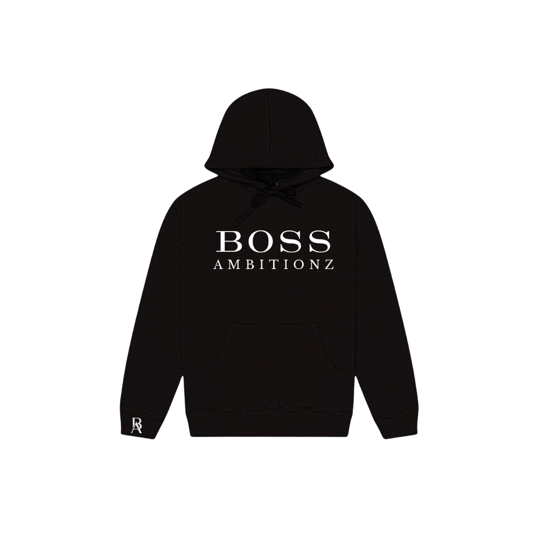 Black BOSS Ambitionz hoodie with stylish logo, premium fleece interior, perfect for streetwear and casual wear.