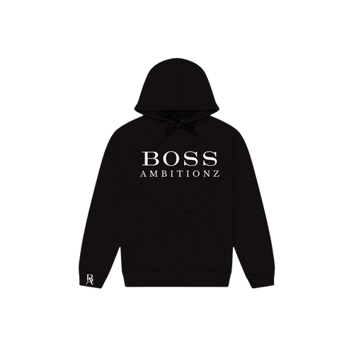 Black BOSS Ambitionz hoodie with stylish logo, premium fleece interior, perfect for streetwear and casual wear.