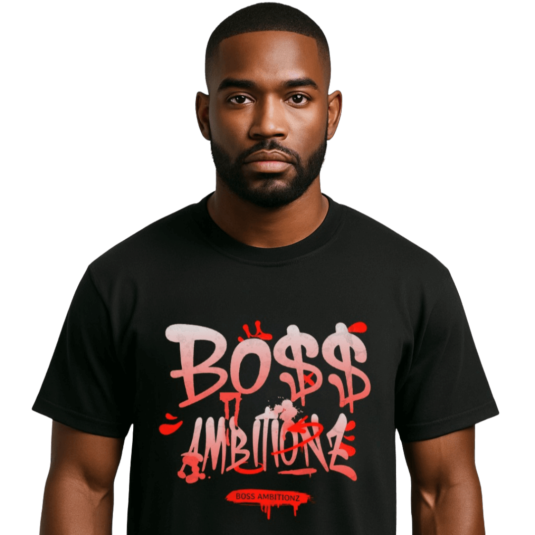 Black male model stands confident in the Graff tee by Boss Ambitionz. 
