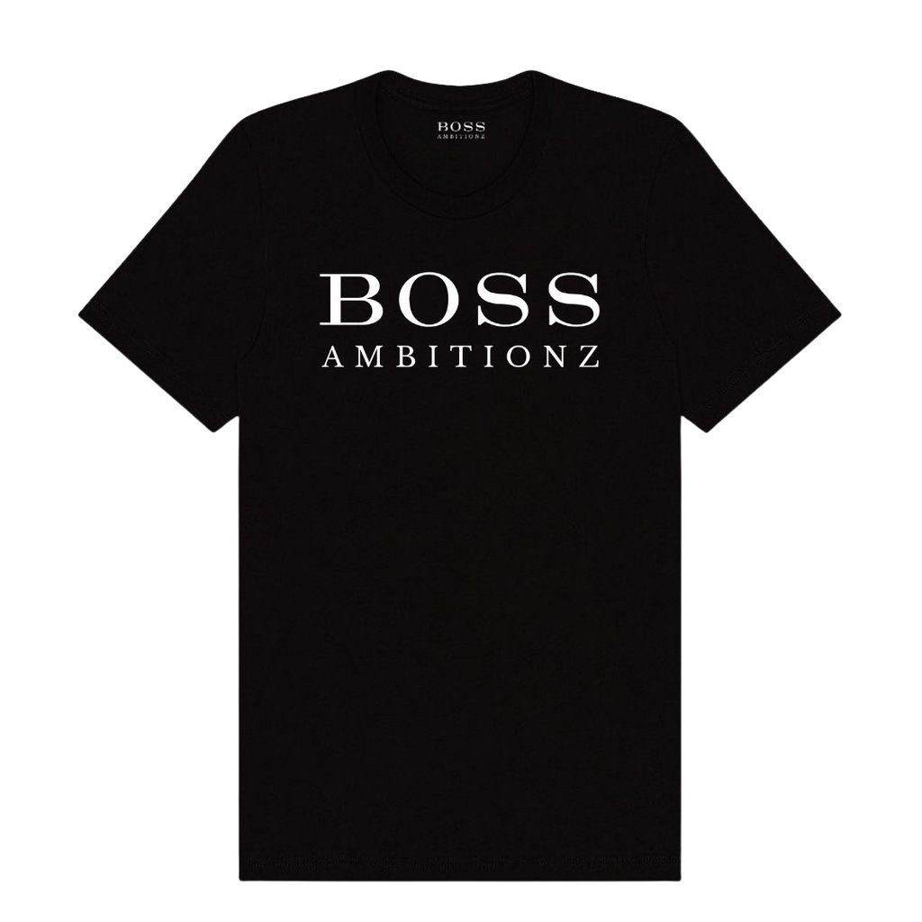 Black BOSS Ambitionz t-shirt, featuring bold white lettering for a stylish streetwear look.
