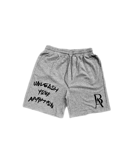 Front view of men's grey and black men's embroidered sweat shorts