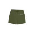 Cool Down shorts in olive green featuring 'BOSS AMBITIONZ' logo and adjustable drawstring.