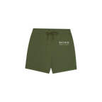 Cool Down shorts in olive green featuring 'BOSS AMBITIONZ' logo and adjustable drawstring.