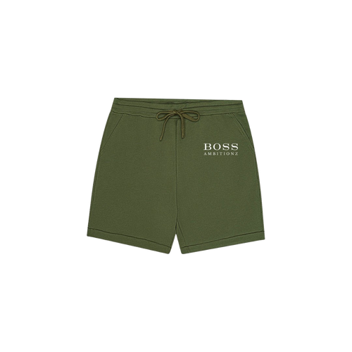 Cool Down shorts in olive green featuring 'BOSS AMBITIONZ' logo and adjustable drawstring.