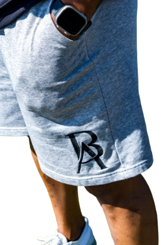 Side view of men's grey and black men's embroidered sweat shorts