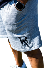 Side view of men's grey and black men's embroidered sweat shorts