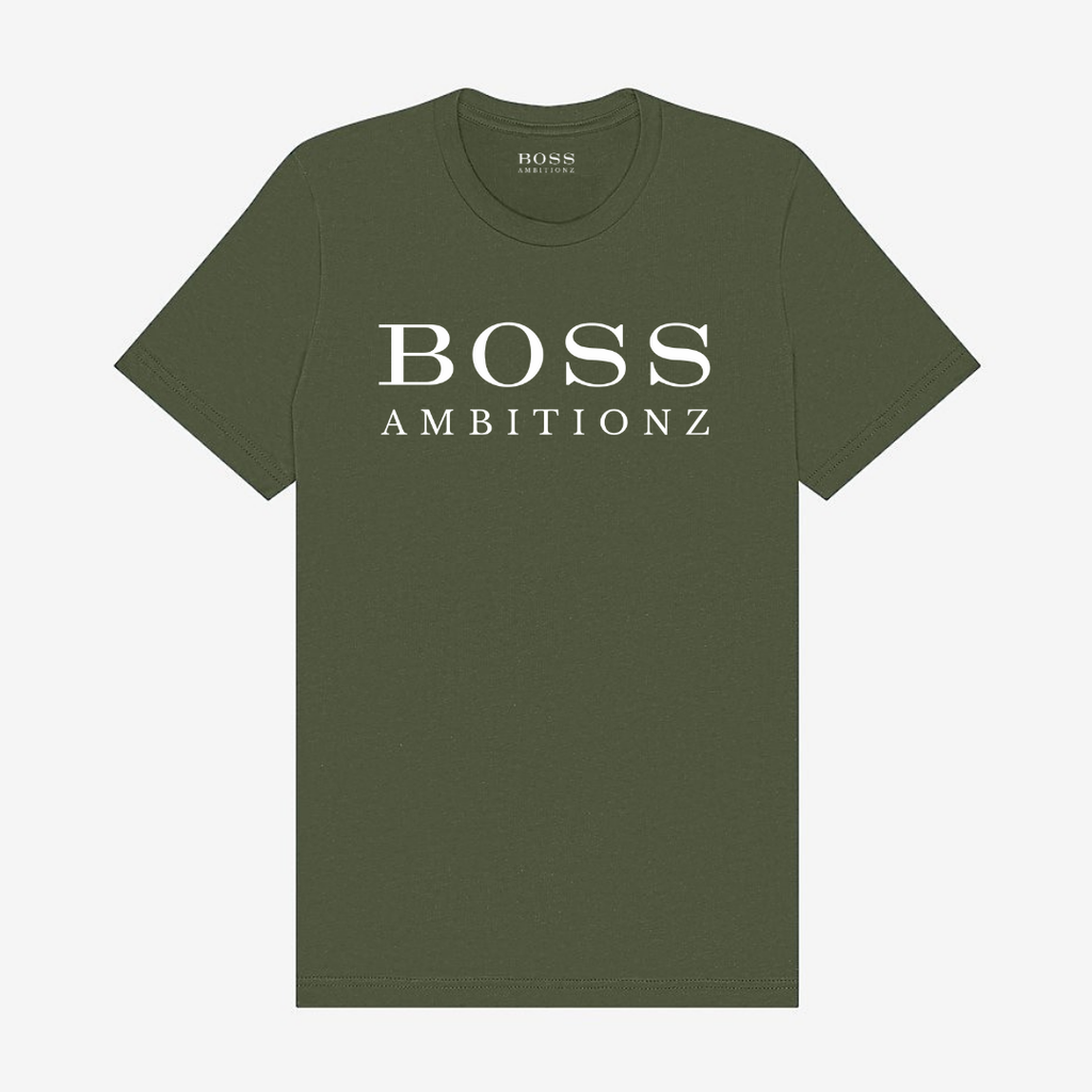 Olive green Boss Ambitionz t-shirt with bold white lettering.