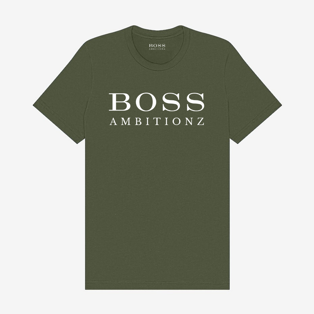 Olive green Boss Ambitionz t-shirt with bold white lettering.