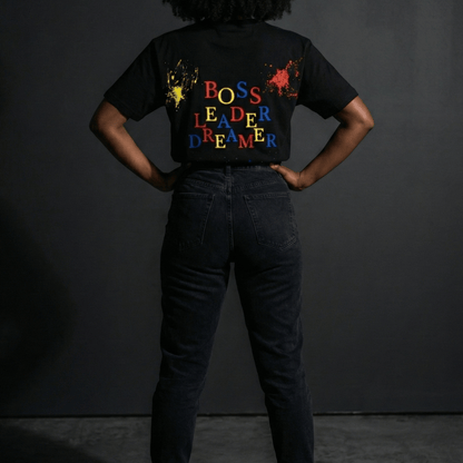 Female Model showcasing back of boss leader dreamer heavyweight tee