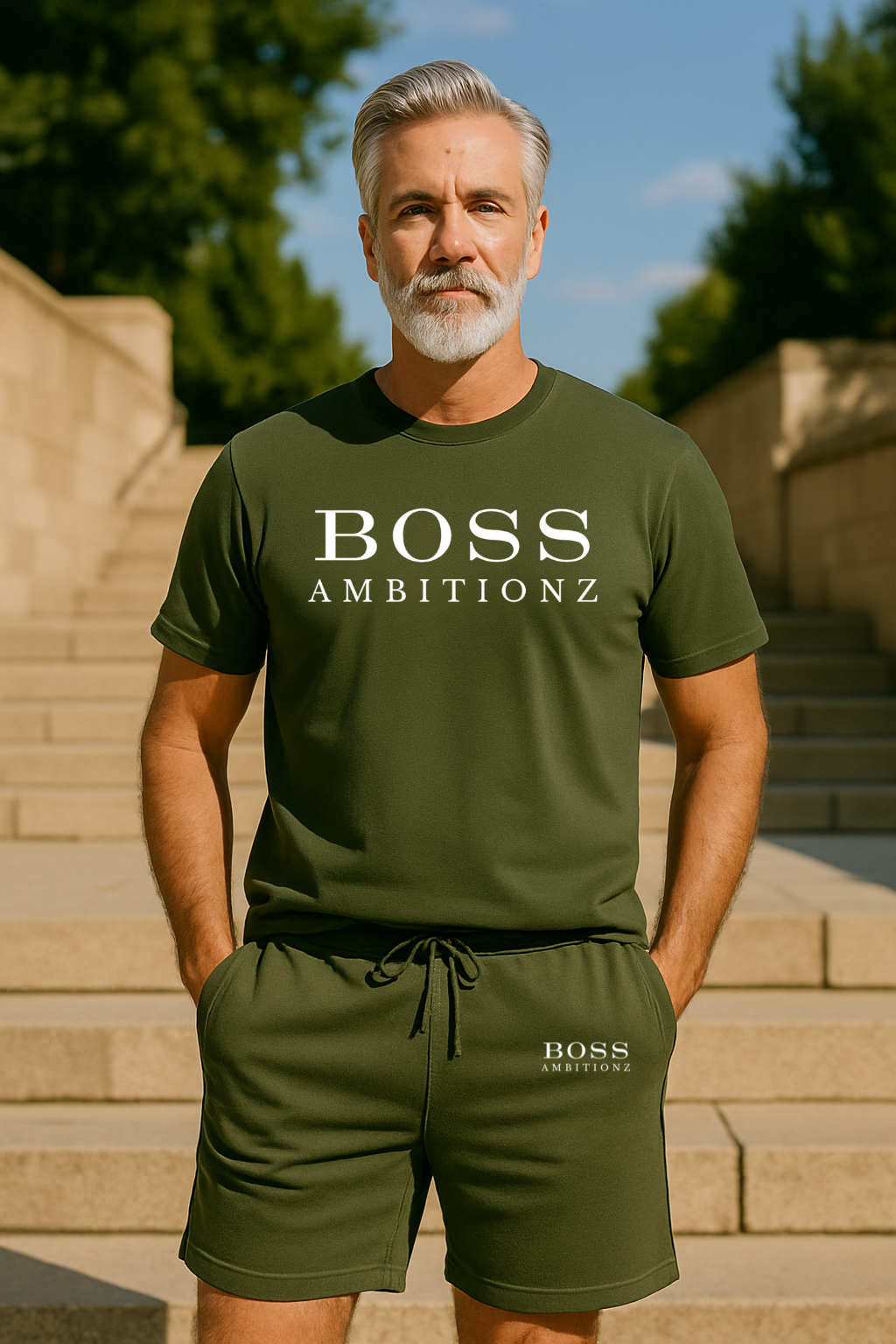 Man wearing a green 'BOSS AMBITIONZ' t-shirt and shorts outdoors.