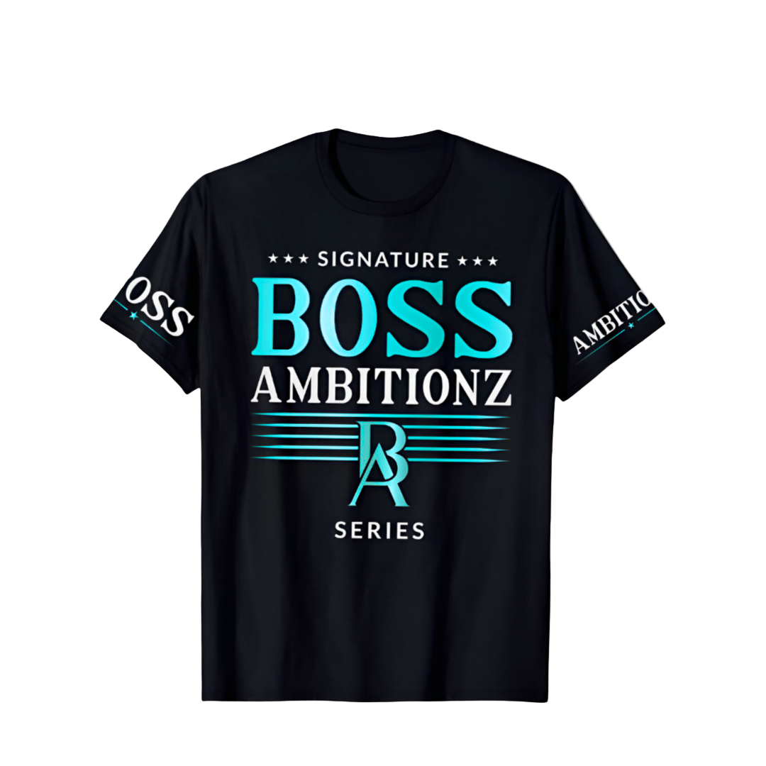 Black t-shirt with 'BOSS AMBITIONZ' text and design on a gray background