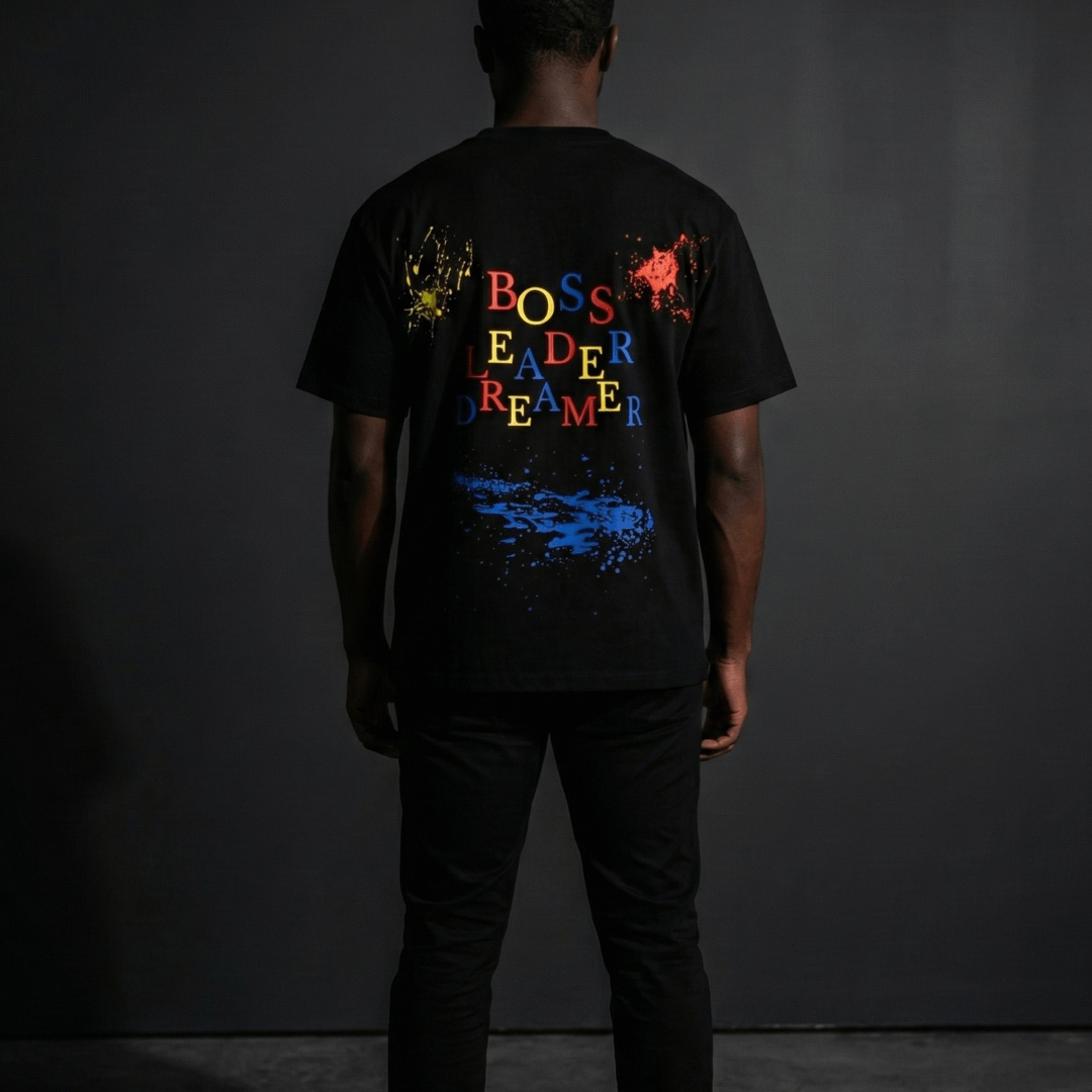 Male model showcasing back ofboss leader dreamer heavyweight tee