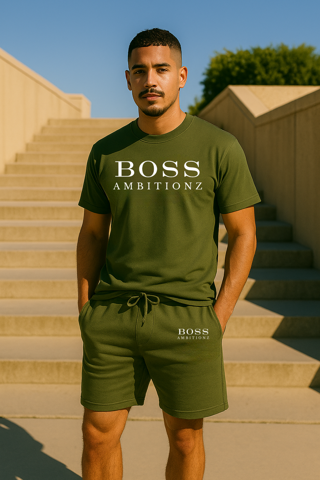 Man wearing a green 'BOSS AMBITIONZ' t-shirt and shorts outdoors.