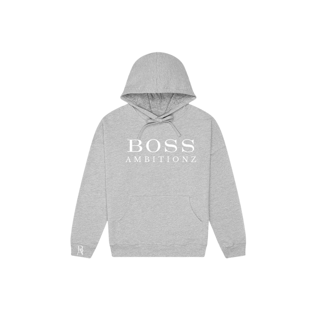 Gray hoodie with 'BOSS AMBITIONZ' logo, featuring sleek streetwear style and plush fleece interior.