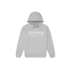 Gray hoodie with 'BOSS AMBITIONZ' logo, featuring sleek streetwear style and plush fleece interior.