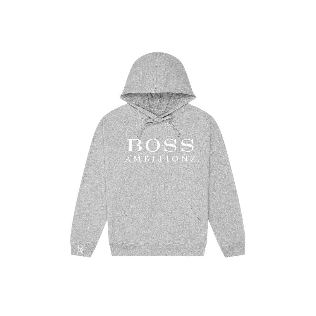 Gray hoodie with 'BOSS AMBITIONZ' logo, featuring sleek streetwear style and plush fleece interior.