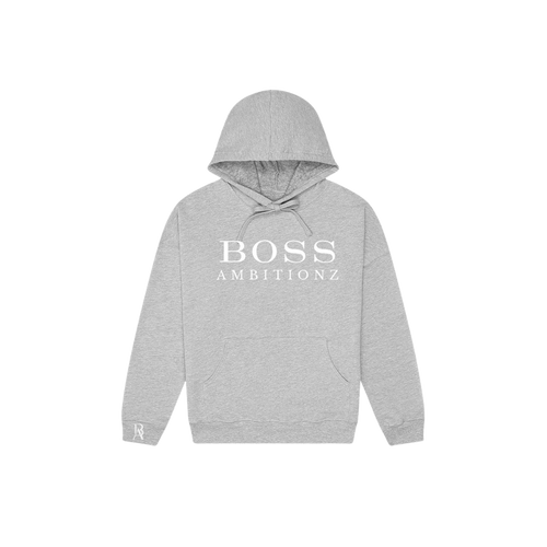 Gray hoodie with 'BOSS AMBITIONZ' logo, featuring sleek streetwear style and plush fleece interior.