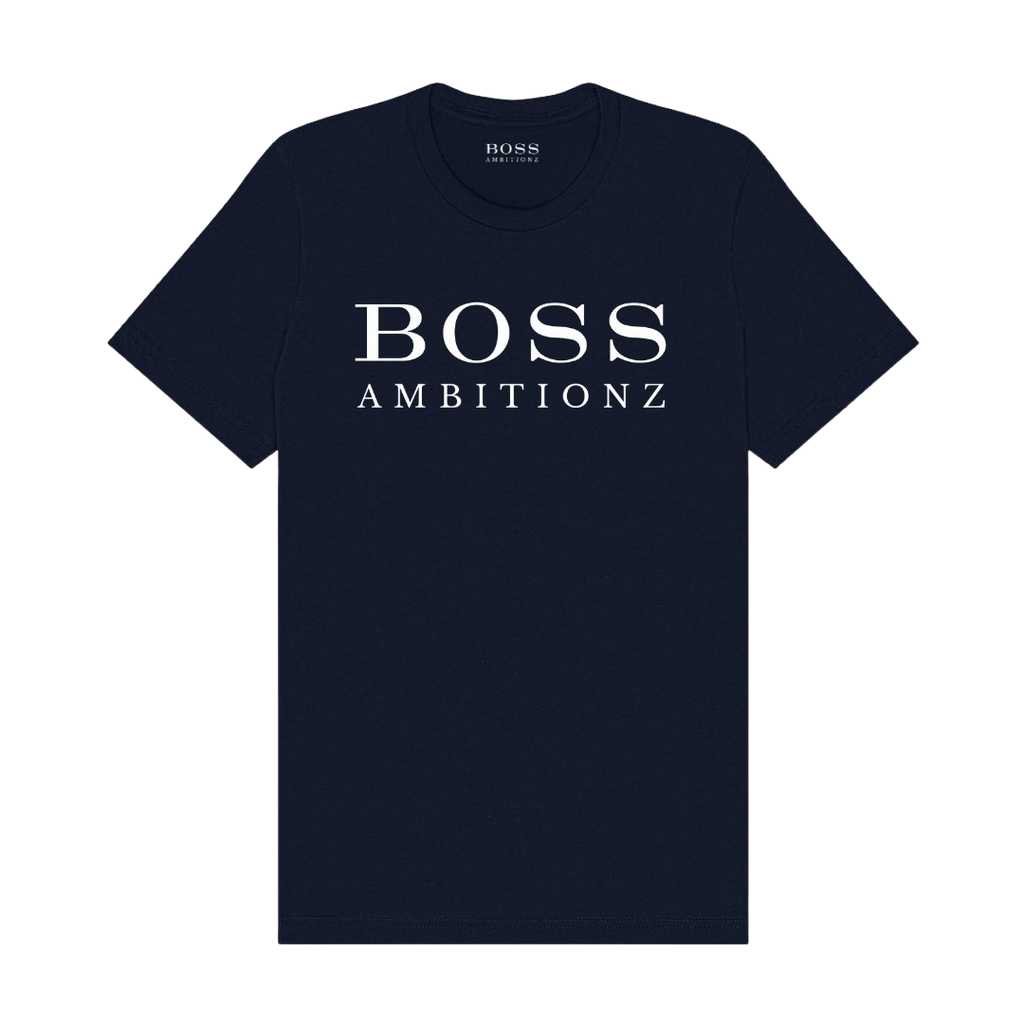 Dark navy t-shirt featuring 'BOSS AMBITIONZ' logo in white, showcasing stylish streetwear design.