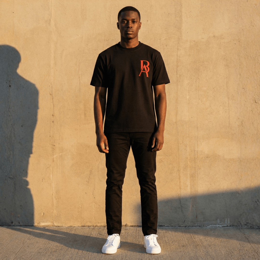 Model showcasing front of boss leader dreamer heavyweight tee