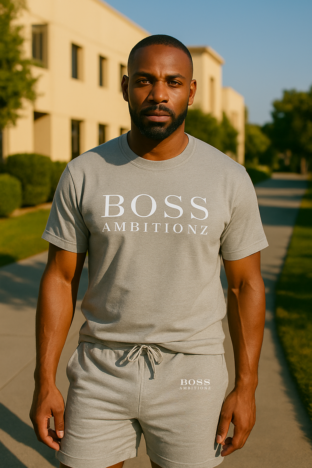Man wearing a 'BOSS AMBITIONZ' t-shirt and shorts outdoors.