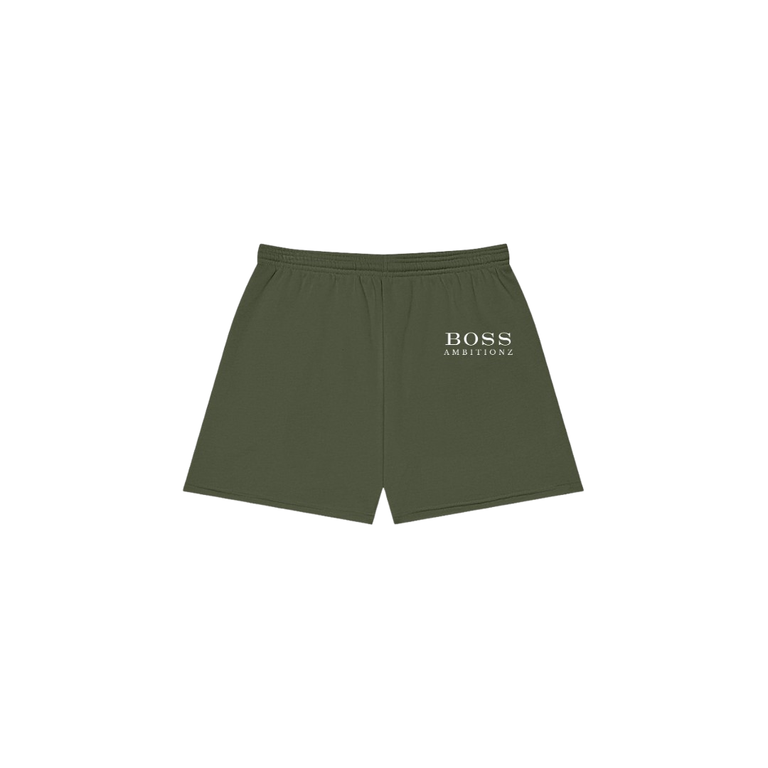 Army Green shorts with 'BOSS Ambitions' text on a white background