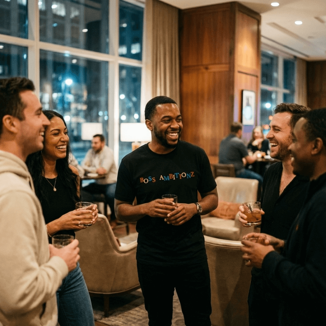 Group of people socializing in a modern indoor setting with large windows wearing the Boss Leader Dreamer t shirt