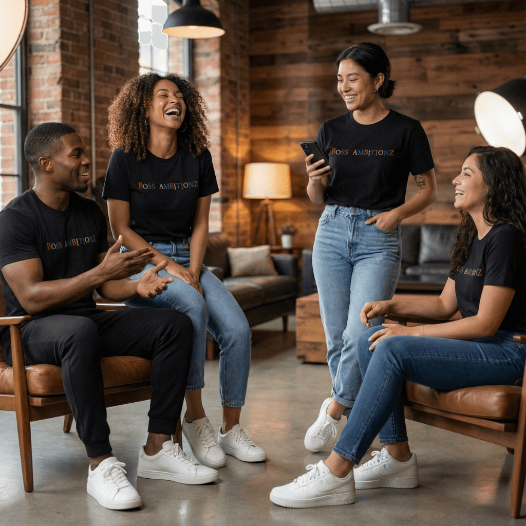 Four people sitting in a modern lounge, all wearing black Boss Leader Dreamer t shirts with colorful text by Boss Ambitionz