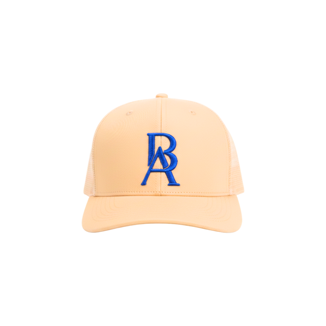 Beige cap with blue BA embroidered logo on a white background