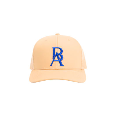 Beige cap with blue BA embroidered logo on a white background
